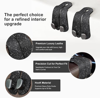 CoBak Purse Hook for Car - Universal Premium Stitched Leather and Aluminum-Magnesium Alloy Double Car Seat Back Storage Hook for Purses, Handbags, Bags (2 Pack),Glitter Black - Image 2