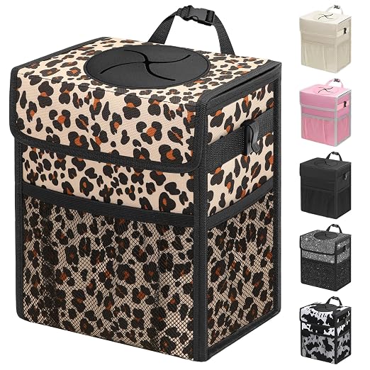 Capolo Car Trash Can with Lid, Leakproof Car Garbage Can Car Trash Bag | Waterproof, Trash Can for Car, 3 Mesh Pockets, Mini Hanging Vehicle Car Trash Bin, for Back/Front Seat (Leopard,3 Gal) by Capolo