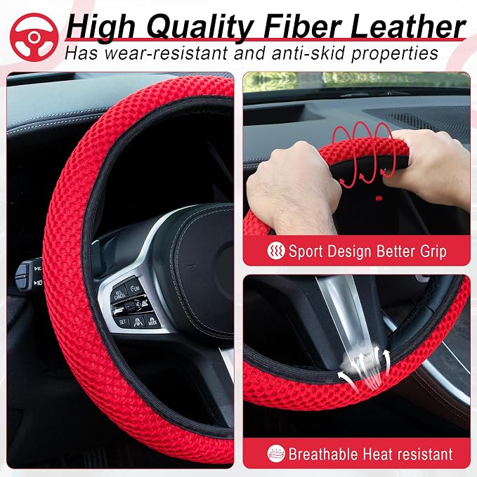 Alpmosn Elastic Stretch Steering Wheel Cover, Universal Interior Accessories Steering Wheel Cover for Women & Men, Breathable Microfiber Ice Silk, Anti-Slip, Odorless, Easy Carry(Red) - Image 3