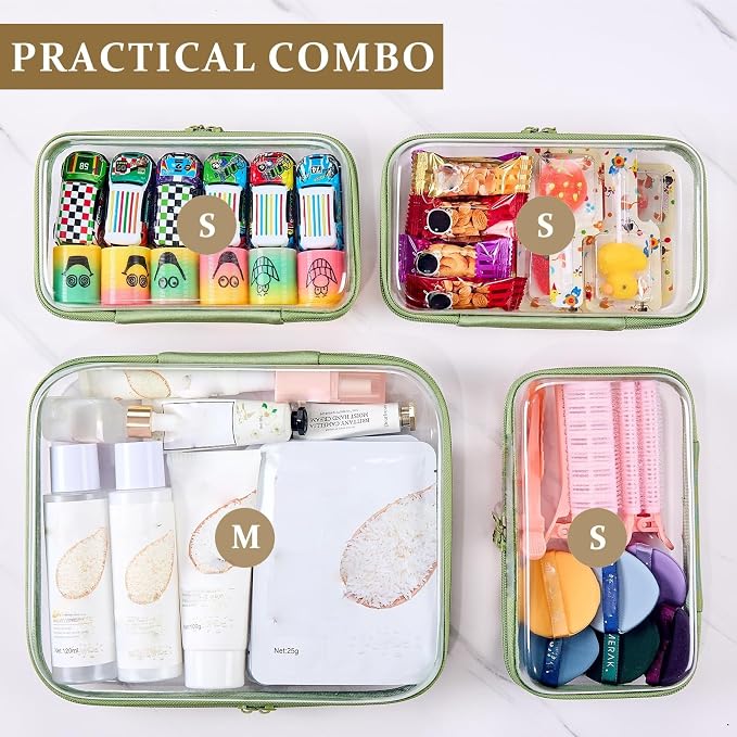 4 pcs Clear Zipper Pouches,Hard Shell Zipper Case,Toiletry Bag for Travel | CLear Diaper Bag, Toiletry Pouch, Travel Organizer, Cosmetic Bag,Toy Storage Bins (M+3S) (Mint Green) - Image 3