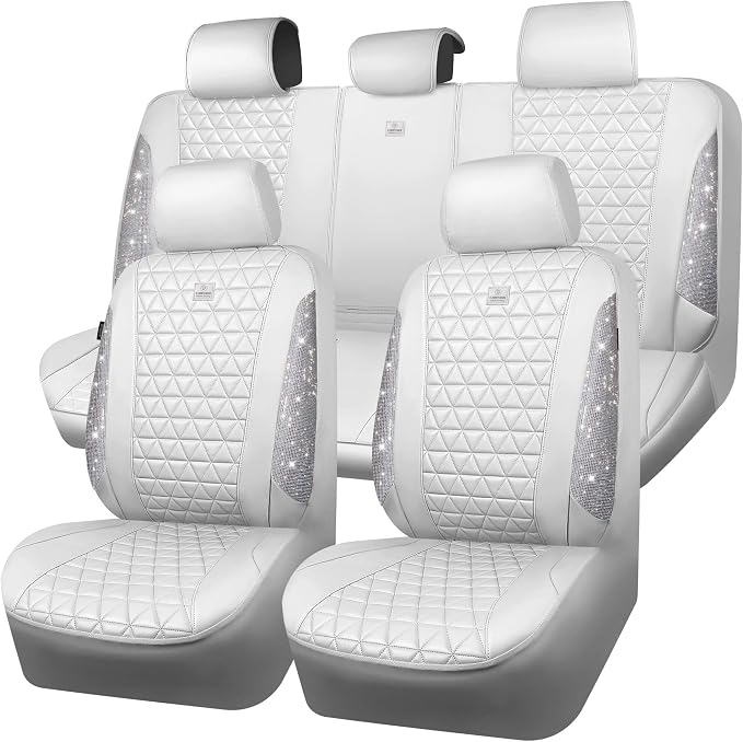 CAR PASS All White Bling Diamond Leather Car Seat Covers Full Sets,Waterproof Shining Glitter Sparkly Crystal Universal Fit for Automotive Truck SUV Cute Women Girl Airbag Compatable,Sliver Rhinestone by CARPASS