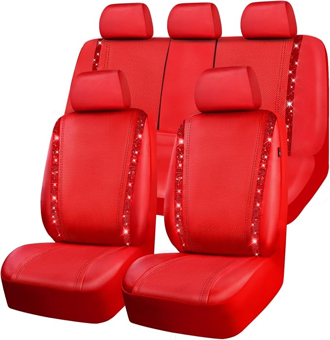 CAR PASS Bling Diamond Car Seat Covers Full Set, Shining Rhinestone Waterproof Faux Leather, Rear with Zipper, Universal Fit Automotive Glitter Crystal Sparkle Strips for Cute Women Girl, Red by CARPASS