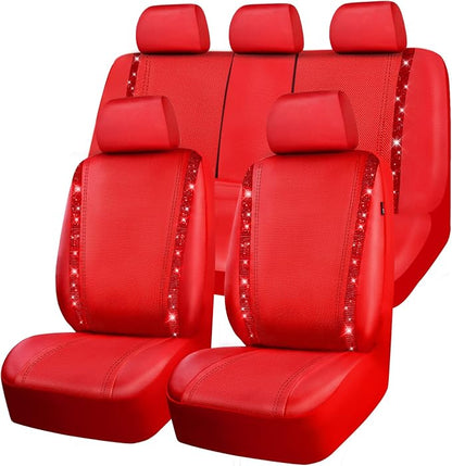 CAR PASS Bling Diamond Car Seat Covers Full Set, Shining Rhinestone Waterproof Faux Leather, Rear with Zipper, Universal Fit Automotive Glitter Crystal Sparkle Strips for Cute Women Girl, Red by CARPASS