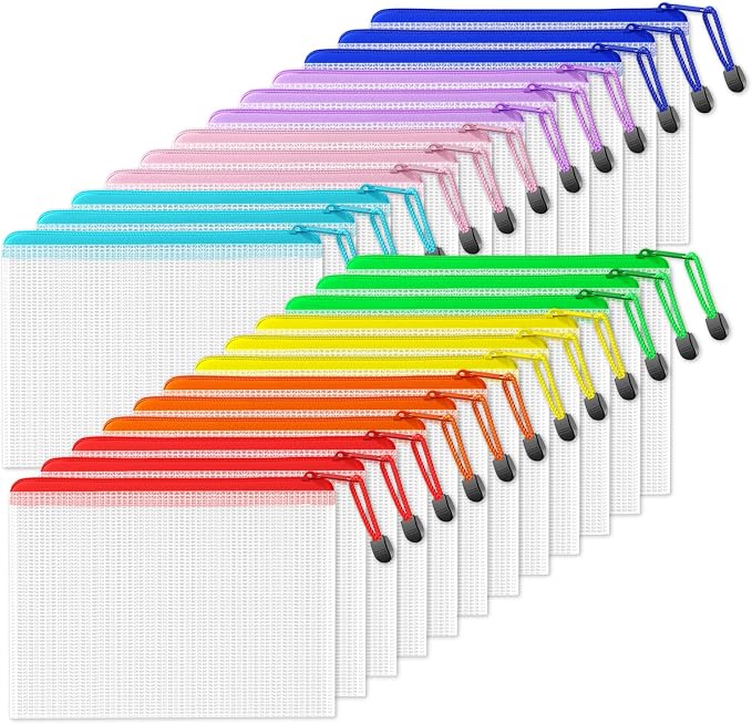SUNEE Plastic Mesh Zipper Pouch 6.8x9.2 in (8 Colors, 24 Packs), Small Water-Resistant Zip Bag for School Office Supplies, Pencil Organizing Storage by SUNEE