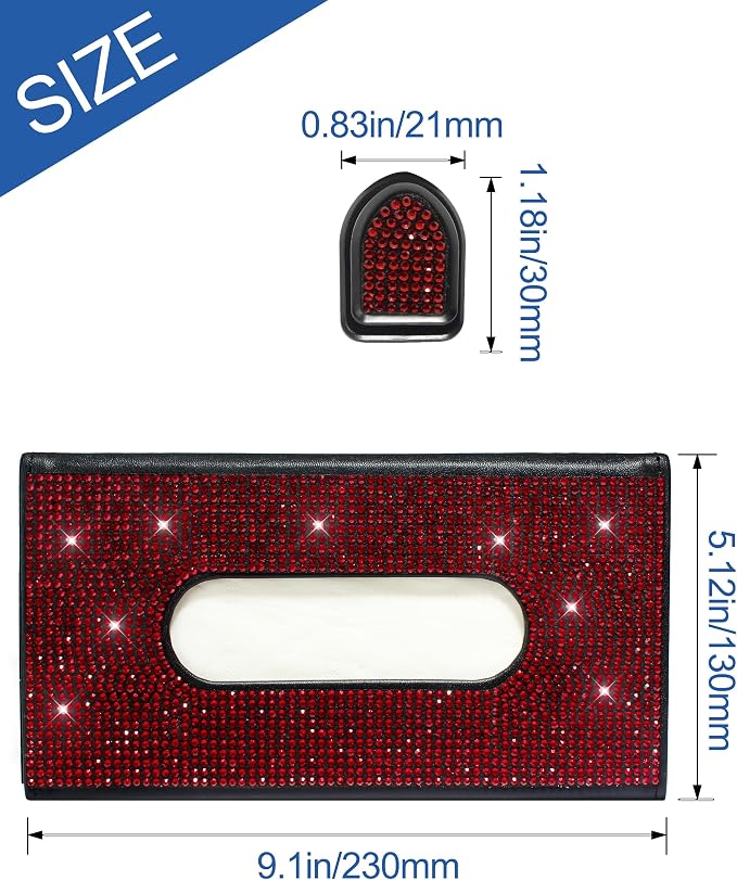 Bling Car Sun Visor Tissue Box Holder, PU Leather Car Napkin Holder, Red | Car Tissue Holder, PU Leather, with Crystal Rhinestones, Backseat Napkin Case, auto interior Accessories, for Women - Image 4