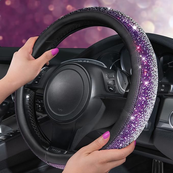 CAR PASS Bling Diamond Leather Steering Wheel Cover, Bling Sparkly Crystal Glitter Rhinestones Universal Fit 14" 1/2-15" Car Wheel Protector for Women Girl Fit Suvs,Vans,Sedans,Trucks, Purple Silver - Image 2