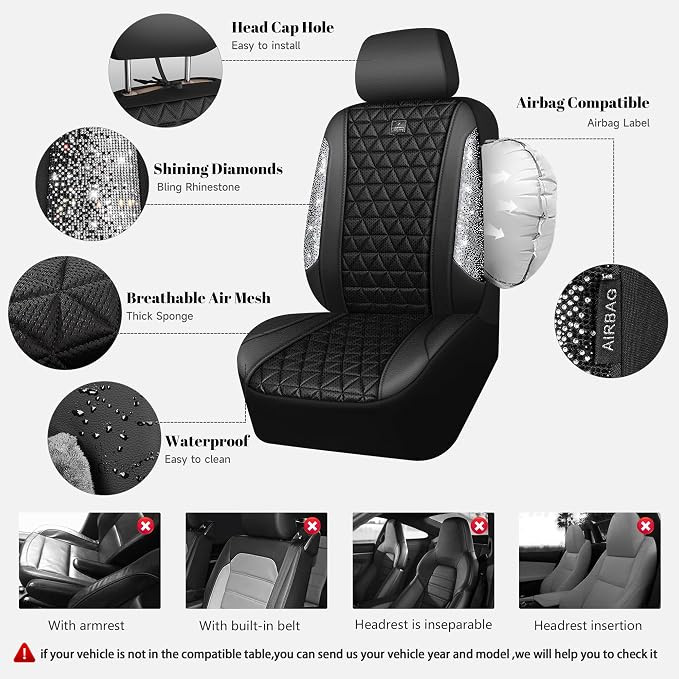 CAR PASS 3D Air Mesh Seat Covers for Cars, Bling Diamond Leather Foam Car Seat Covers for 2 Front Interior Sets, Automotive seat Covers Universal Fit Truck SUV Cute Women Girl, Black Silver Rhinestone - Image 3