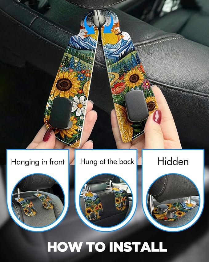 WOCOCN Purse Holder for Car, 2 Pack Heavy Duty Purse Hanger for Car | PU Leather Car Seat Hooks for Purses and Bags, Cute Floral Headrest Organizer for Handbags & Backpacks - Image 3