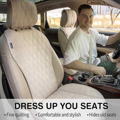 Leader Accessories 2pcs Sideless Front Seat Covers for All Seasons, Beige | Breathable Faux Linen Seat Cushions, Non-Slip Bottom With Headrest Protectors, Universal Fit For Car Van SUV Pickup Truck - Image 2
