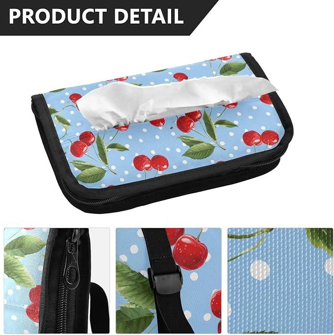 Car Tissue Holder Car Napkin Holder Car Tissue Box Dispenser Storage Case Sun Visor Mask Holder with Adjustable Straps Reusable Refillable Light Blue Dots Red Cherry - Image 3