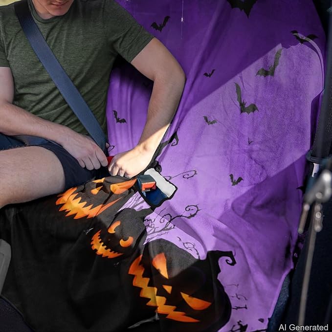 Purple Pumpkin Bat Print Back Seat Cover for Car Trucks Van SUV, Halloween Decor Waterproof Rear Bench Towel Seat Covers for Dogs and Kids,Automotive Backseat Protector - Image 4