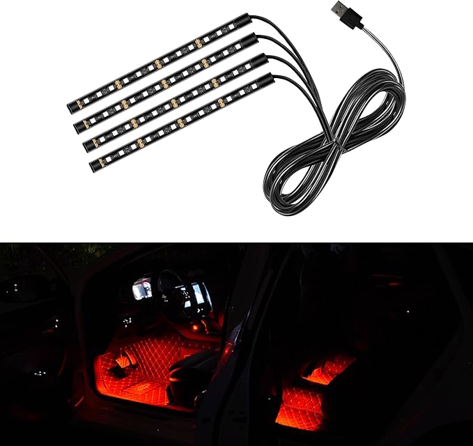 Car LED Strip Light, 48 LED 12V USB Port, Red | RGB Neon Auto Interior Atmosphere Lights, Under Dash Ambient Night Light, Universal Decorative Lamp Accessory for Car Truck by Unknown