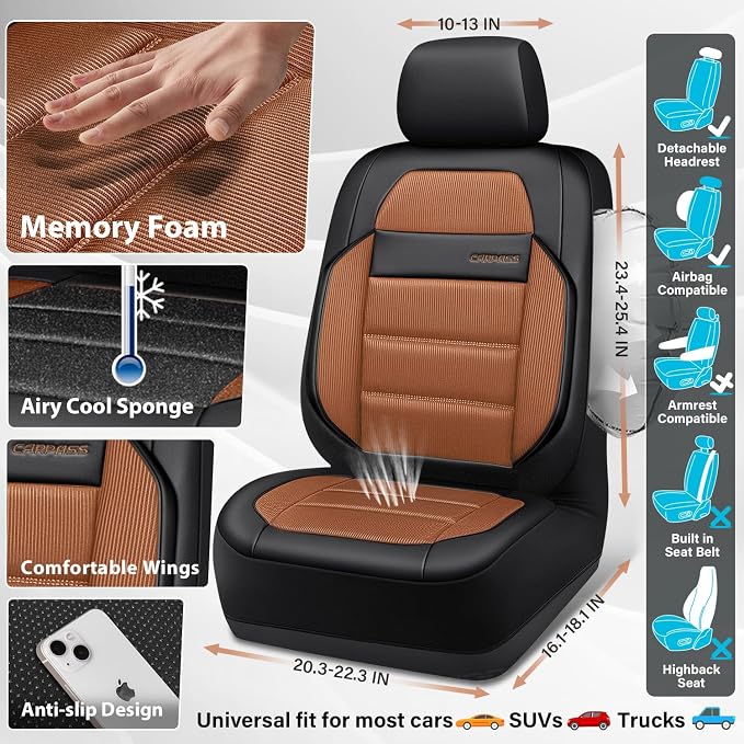 CAR PASS Memory Foam Seat Covers Front, Airy Cool Mesh Thick Car Seat Covers, Leather Car Seat Covers Front Seats Airbag Compatible, Universal Automotive Comfort for Most Cars, Trucks, SUV, Brown - Image 4