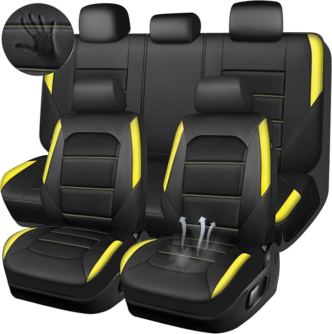 CAR PASS Memory 3D Foam Car Seat Covers Full Set, Breathable Mesh Thick Seat Covers for Car, Yellow Leather Seat Covers, Universal Automotive Comfort for SUVs Trucks,Airbag Compatible, Black Yellow by CARPASS