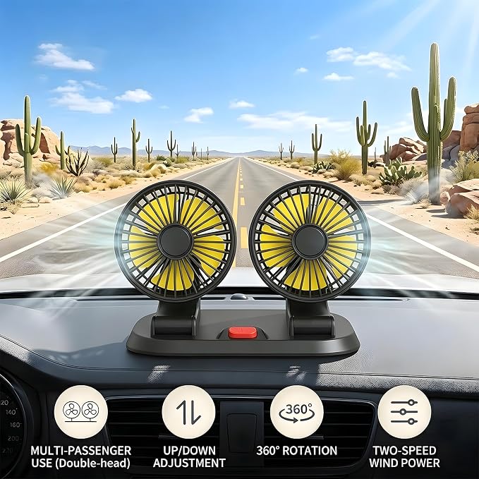 12V Heavy Duty Dual Head Car Fan, 2-Speed Dashboard Cooling Fan with Cigarette Lighter Plug, 360° Rotatable Vehicle Air Circulator for SUV RV Truck Sedan - Image 7