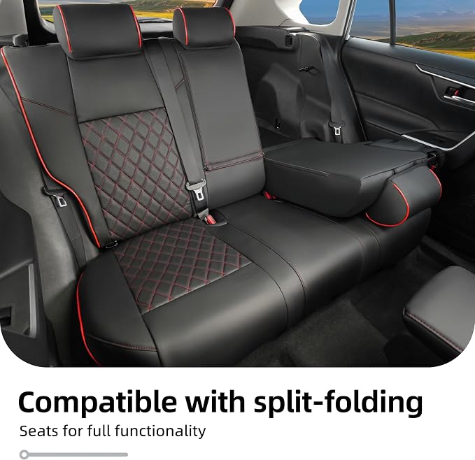 Lolcar RAV4 Seat Covers Custom Fit for Toyota RAV4 2019 2020 2021 2022 2023 2024 2025 LE,XLE,XLE Premium,Limited,Airbag Compatible,Seat Cover Full Set for SUV, Waterproof Leather（Black with Red Trim） - Image 5