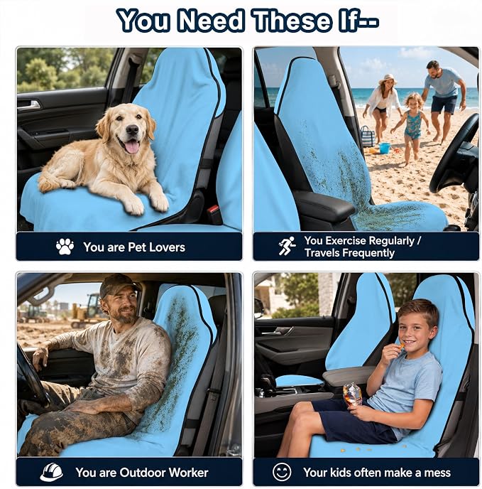 Car Seat Towel Cover 2 Pack for Front Seats, Sweat Absorbent Car Seat Protector with Non-Slip Backing, Waterproof Towel Car Seat Covers for Runners, Gym, Swimming, Beach, Pets, Sky Blue - Image 9
