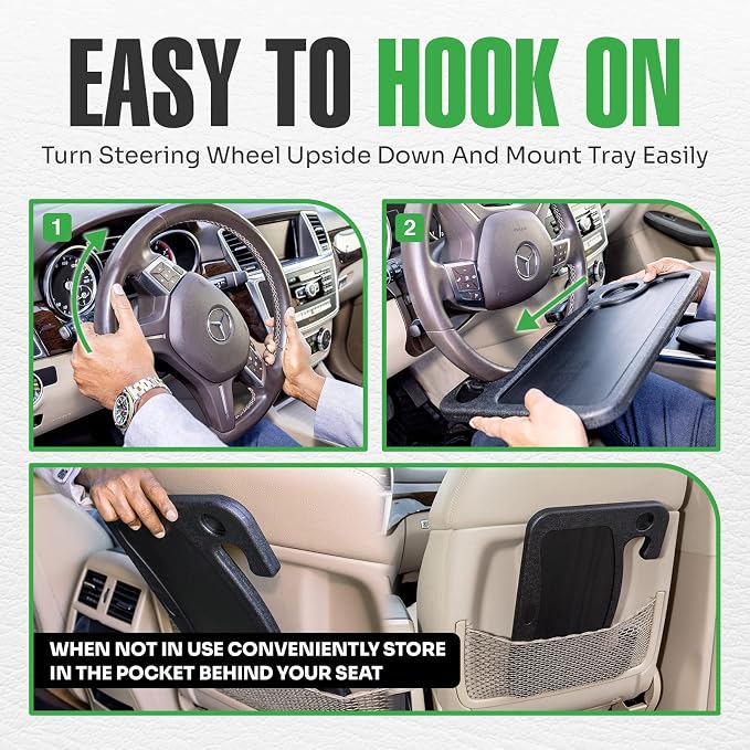 lebogner Steering Wheel Tray, Car Tray for Eating, Hook On Steering Wheel Desk for Food, Laptop and Car Accessories, Car Road Trip Must Haves Gadgets Car Table (Grey) - Image 4