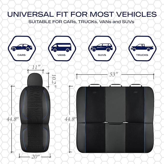 Skechers Air-Cooled Memory Foam Seat Covers,Mesh Thick Car Seat Covers,Piping Leather Car Seat Cover,Airbag Compatible,Automotive Comfort for Most Cars, Vans, Trucks, SUV(Blue,Full Set) - Image 6