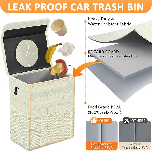 Vankor Car Trash Can with Lid Leak Proof Car Accessories for Women | 2.2 Gallon Cute Hanging Car Trash Bin for Men Car Truck Vehicle Sedan Interior Automotive Garbage Cans, Beige Quilted - Image 3