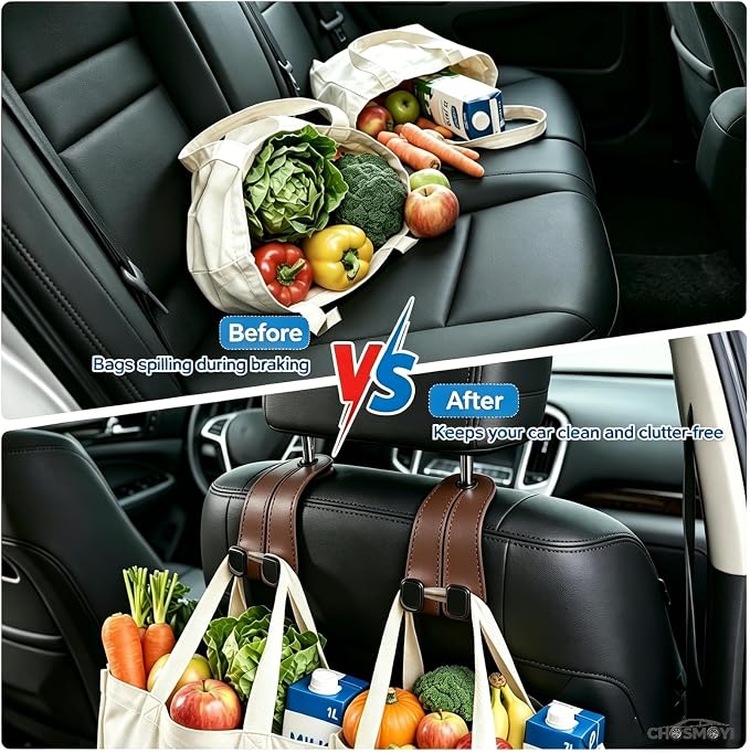 2 Pack Leather Car Headrest Hooks, Heavy Duty Double Car Hooks(Brown) | Anti-Drop Design, Holds Up to 50 lbs, Purse Hanger, Car Seat Organizer, Car Hanging Accessories - Image 4