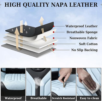 Coverado Car Seat Covers Full Set, Automotive Seat Covers Car Seat Protector Car Seat Cushion, Waterproof Leather Seat Covers for Cars, Universal Fit for Most Sedan SUV Pick-up Truck(Black&Light Blue) - Image 9