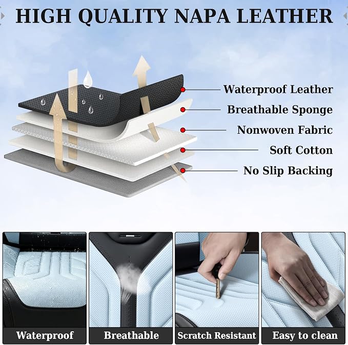 Coverado Seat Covers, Car Seat Covers Front Seats, Leather Seat Covers for Cars, Automotive Seat Covers Car Seat Protector Car Seat Cushion Universal Fit for Most Sedans SUV Truck(Black&Light Blue) - Image 8