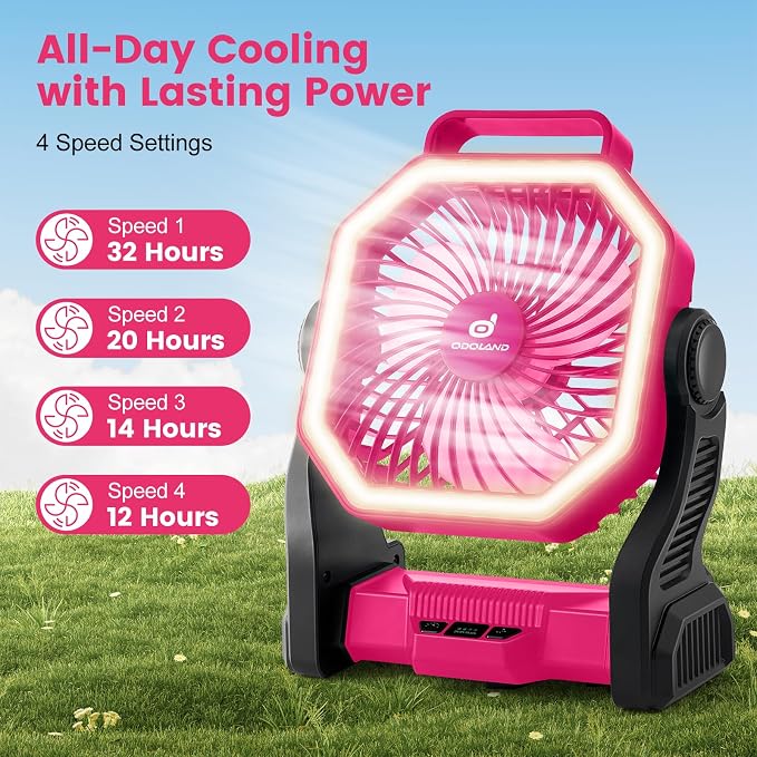Odoland Portable Rechargeable Fan, 20000mAh Camping Fan with LED Lantern | 4-Speed Airflow & 3-Color Light Oscillating Fan with Hanging Hook for Tent Car Beach Hurricane Power Outage, Pink - Image 2