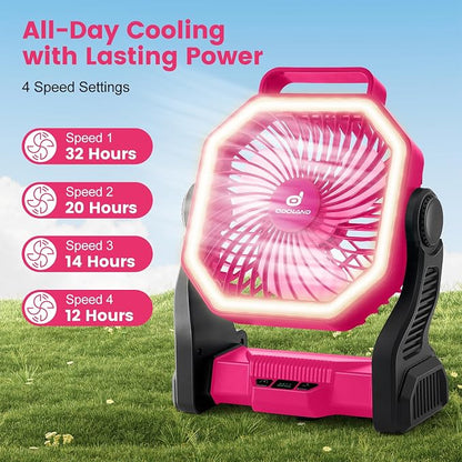 Odoland Portable Rechargeable Fan, 20000mAh Camping Fan with LED Lantern | 4-Speed Airflow & 3-Color Light Oscillating Fan with Hanging Hook for Tent Car Beach Hurricane Power Outage, Pink - Image 2
