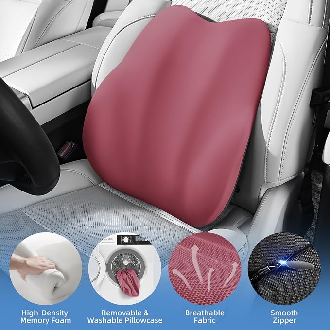 BEBAS Ergonomic Lumbar Support Pillow for Car, Memory Foam Car Back Cushion | Comfort Lumbar Pillow for Back Pain Relief, Breathable Washable Cover, Fits for Driving, Office, Wheelchair, Red - Image 3