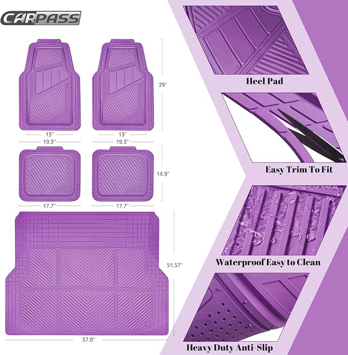 CAR PASS Heavy Duty Rubber Floor Mats Gray Car Mats Full Set with Trunk Cargo Liner - Universal Waterproof Floor Mats for Car SUV Truck, Durable All Weather Automotive Liner Mats (All Purple) - Image 2