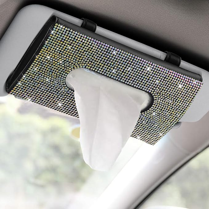 Bling Car Sun Visor Tissue Box Holder, Visor Accessories, Rhinestone PU Leather Crystal Sparkling Napkin Holder, Auto Sun Visor Paper Towel Cover Case Accessories for Most Cars (Colorful) by Unknown