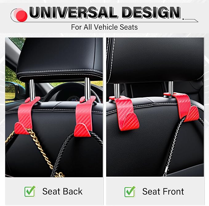 SINGARO Universal 4 Pack Car Seat Headrest Purse Hook, Carbon Fiber Back Seat Hook Storage Organizer Hanger for Purse Handbag Coat, Car Interior Accessories(Red) - Image 4