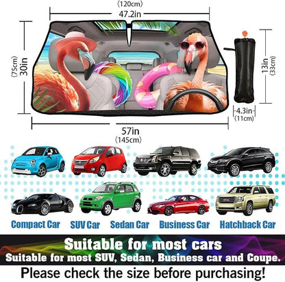 Funny Flamingo Driving Car Windshield Sunshade Umbrella Funny Flamingos Sun Shade for Car Windshield Umbrella Upgraded Sunshades Blocks UV & Heat Front Window Shades for SUV Sedan Auto - Image 6