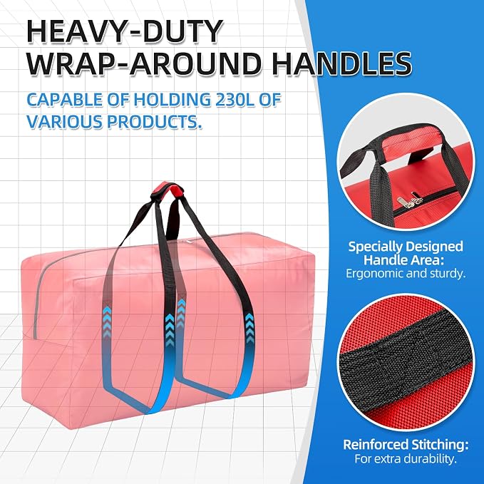 Extra Large travel duffel bag with Strong Handles, 230L Waterproof duffel bag, Durable Zippers, Extra Large Storage Totes for Space Saving and Moving Supplies, Red - Image 3