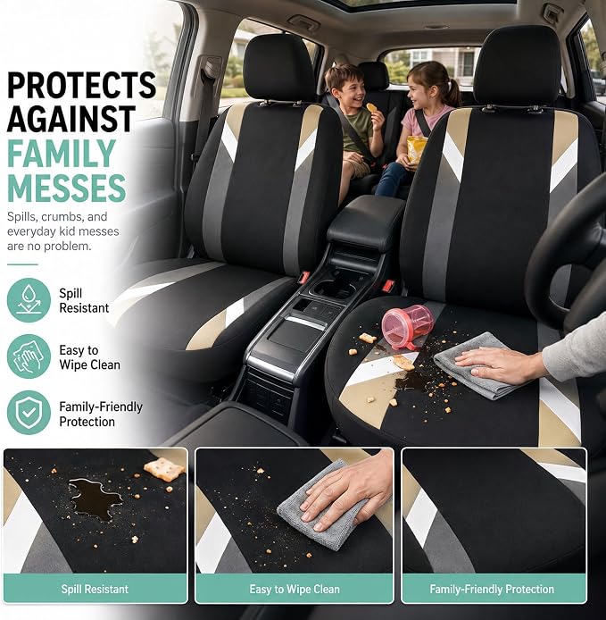 FH Group Front Set Cloth Car Seat Covers for Low Back Car Seats with Removable Headrest, Universal Fit, Airbag Compatible Seat Cover for SUV, Sedan, Van, Beige - Image 6