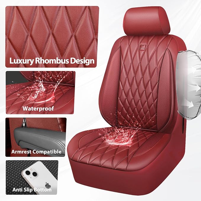 CAR PASS Piping Luxury Faux PU Leather Two Front Car Seat Covers, Waterproof Anti Slip Premium Automotive Seat Covers,Universal Fit for Suvs,Vans,Trucks, Armrest Airbag Compatible, Burgundy Red - Image 6
