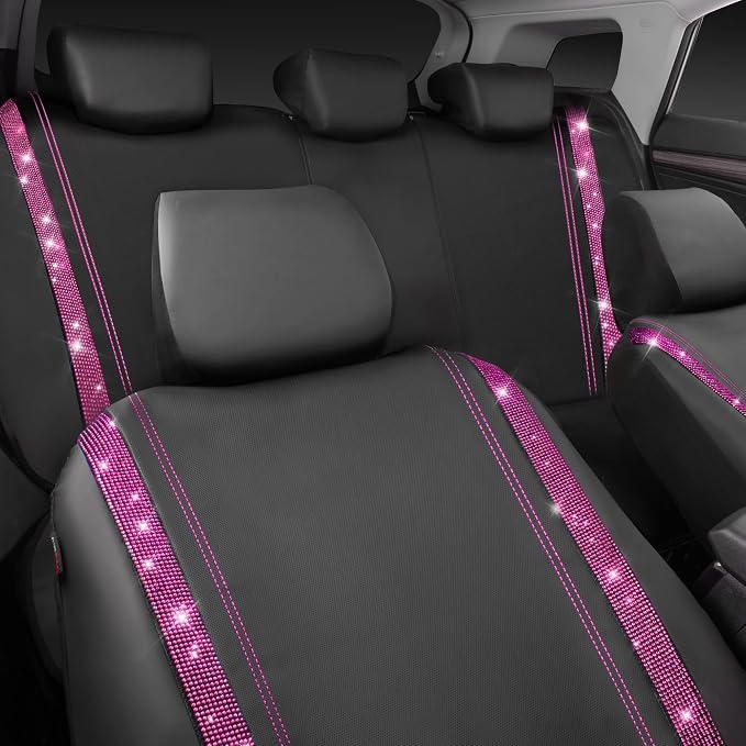 CAR PASS Bling Diamond Car Seat Covers Full Set, Shining Rhinestone Waterproof Faux Leather, Rear with Zipper, Universal Fit Automotive Glitter Crystal Sparkle Strips for Women Girl, Black Pink - Image 8