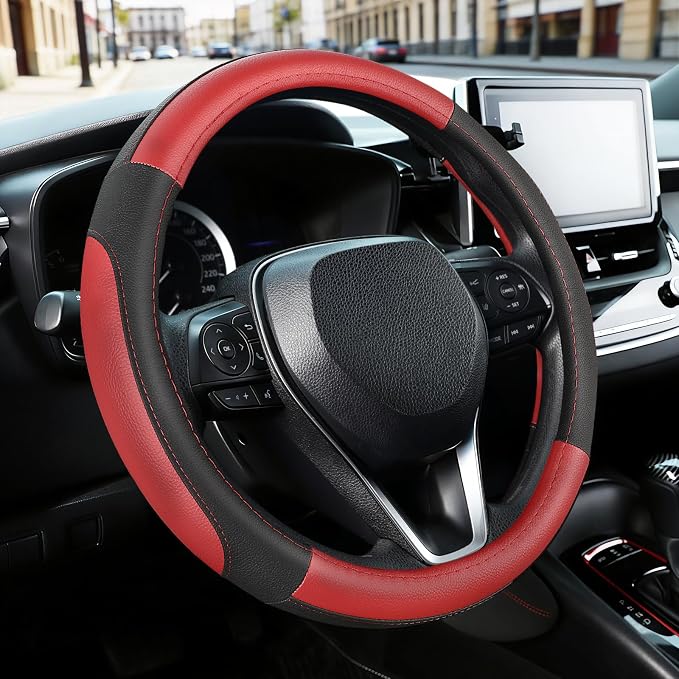 SEG Direct Steering Wheel Cover 14.5-15 inch Car Auto Interior Accessories | Universal Medium Standard Size 37-39cm for Car Truck SUV, Microfiber Leather, Anti-Slip Comfortable Grip, Black and Red - Image 7