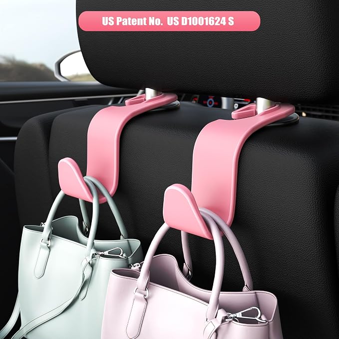 Amooca Car Seat Headrest Hooks 4-Pack Storage Organizer Holds 55 lbs | Universal Fit Most Car/SUV/Truck, Anti-drop, Hanger for Backpack Umbrella Water Bottle Coat Purses Handbags Groceries, Pink - Image 2