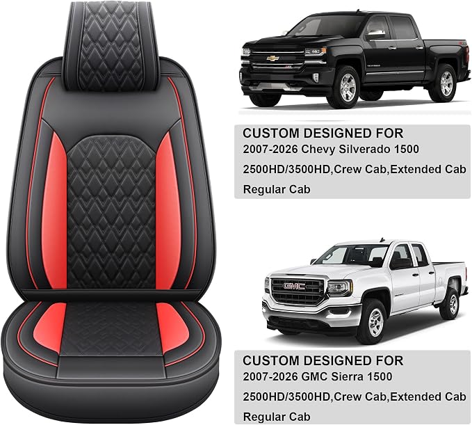 Chevy Silverado Seat Covers,Leather Seat Covers for GMC Sierra,Custom Fit 2007-2026 1500 2500HD 3500HD Crew Double Extended Regular Cab,LT LZT RST Trail Boss(Front Pair,Black Red) - Image 6