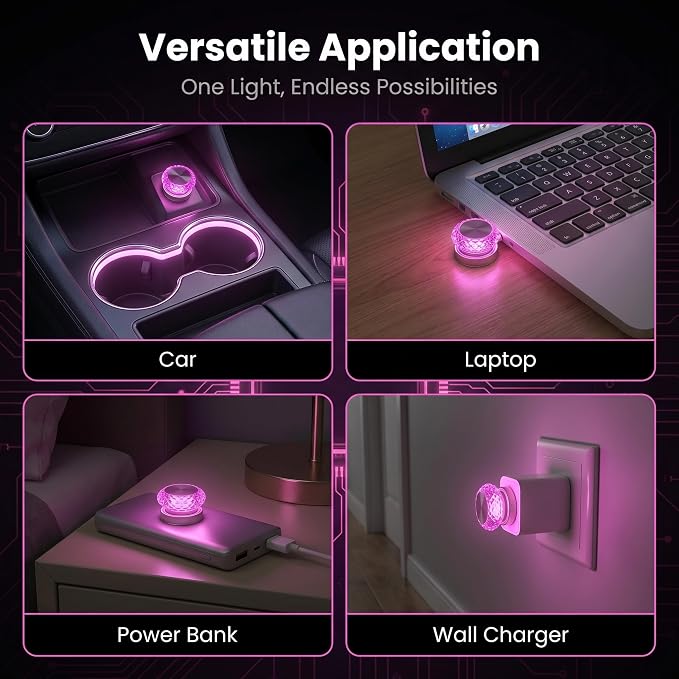Car Interior USB LED Atmosphere Lamp, Car Crystal Mini Decoration Night Light, Plug-in USB Ambient Lights, Universal for Most Cars (Purple) - Image 5