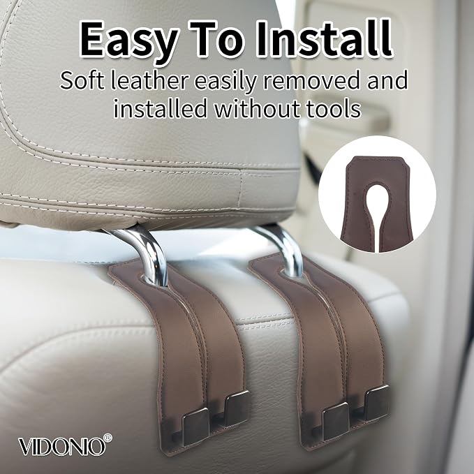 Leather Headrest Hooks for Car, 2 Pack Premium Car Seat Back Storage Hooks with Double Metal Hangers for Purses, Handbags, Groceries and Backpacks, Universal Heavy Duty Car Purse Holder Accessories - Image 7