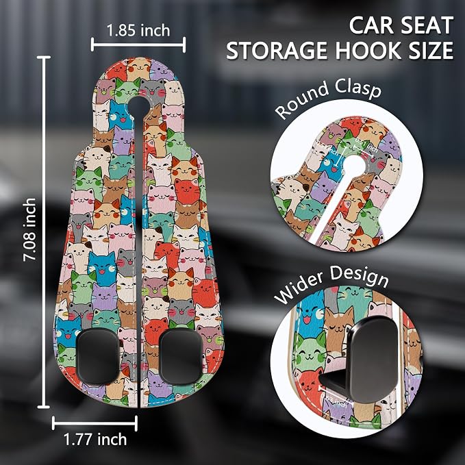 Blusabaca 2PCS Car Seat Headrest Hooks, Purses Bags Holder, Cute Cats | PU Leather, Double Metal Back Storage Hangers for Grocery Bags Handbags Bottles Coats Phones, Car Accessories Organization - Image 5