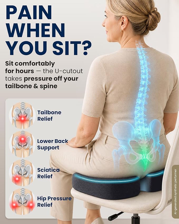 5 STARS UNITED Seat Cushion - Memory Foam Chair Cushion for Tailbone Pain Relief - Ergonomic Support for Coccyx, Sciatica & Butt - Office, Desk & Gaming Chair, Car Seat, Wheelchair, Airplane, D Gray - Image 2