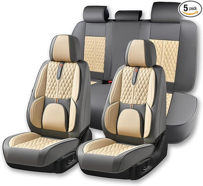 Khaki Car Seat Cover Complete Set, Universal Car Seat Cover for Car with Lumbar Support, Premium Artificial Leather, Waterproof and Easy to Clean, Airbag Compatible, Seat Heating Compatible by WertigenCarSeatCovers