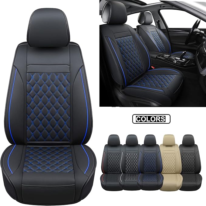 Car Seat Covers Front Pair,Universal Fit for Most Cars,SUV,Sedans and Pick-up Trucks,Automotive Faux Leather Vehicle Cushion Covers(Front Pair,Black/Blue) - Image 2