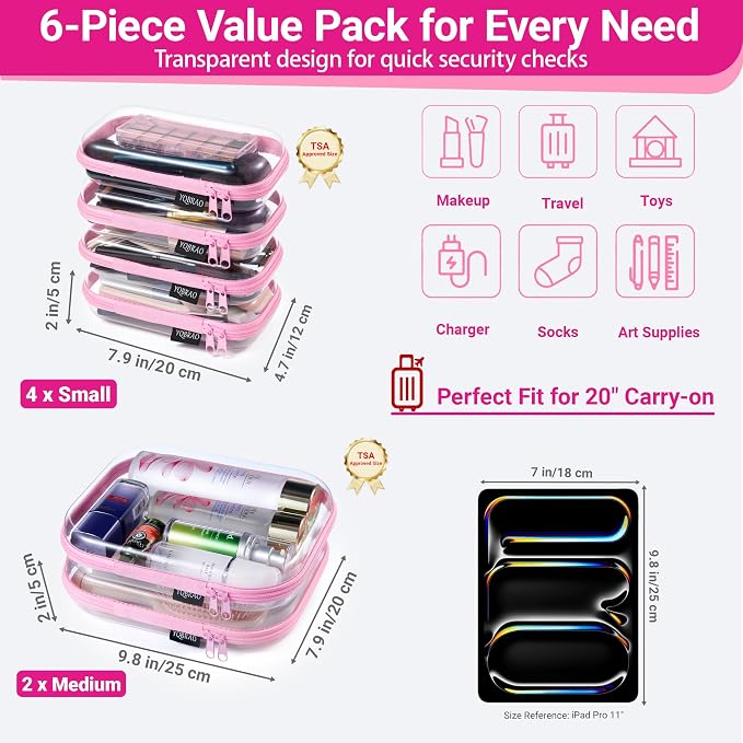 YQBRAO Clear Hard Shell Zipper Cases, 6 Travel Organizers, 2M 4S, Pink | Rigid clear shells in two practical sizes separate toiletries, skincare, cosmetics, chargers and frequently used accessories - Image 4