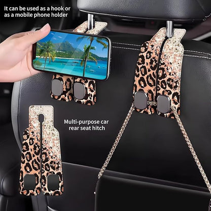 Car Seat Back Storage Headrest Hook, Premium Leather Double Metal Hook, Hanger Storage Organizer for Purse Cloth Bag, Car Interior Accessories Glitter Pink Leopard - Image 2