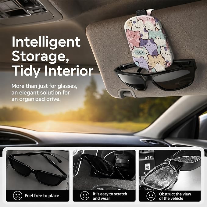 Sunglasses Holder for Car Visor, PU Leather Glasses Clip Organizer, Cute Magnetic Eyeglass Holder for Vehicle Sun Visor, Car Interior Accessory for Women & Men, Pastel Cats - Image 2